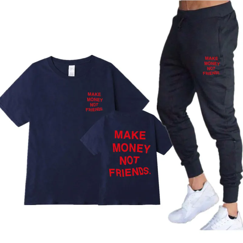 

Streetwear Men 2 piece set MAKE MONEY NOT FRIENDS T shirt Sets conjunto de hombre verano Cotton Short sleeve Trousers set men
