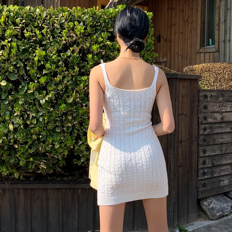 

COIGARSAM Sexy Knitting Women Mini dress New Summer Spaghetti Strap Backless Dresses White 8691