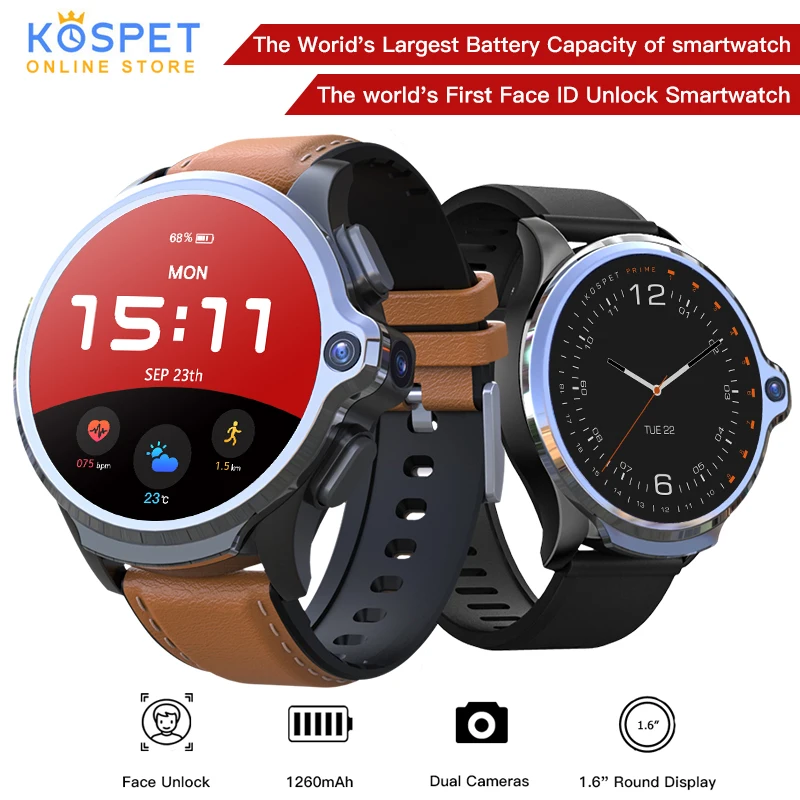 KOSPET Prime, 3 ГБ, 32 ГБ, двойная камера, 1260 мА/ч, батарея, 4G, Смарт-часы, 1,6 дюйма, разблокировка лица, gps, спорт, Bluetooth, Android, Смарт-часы для мужчин