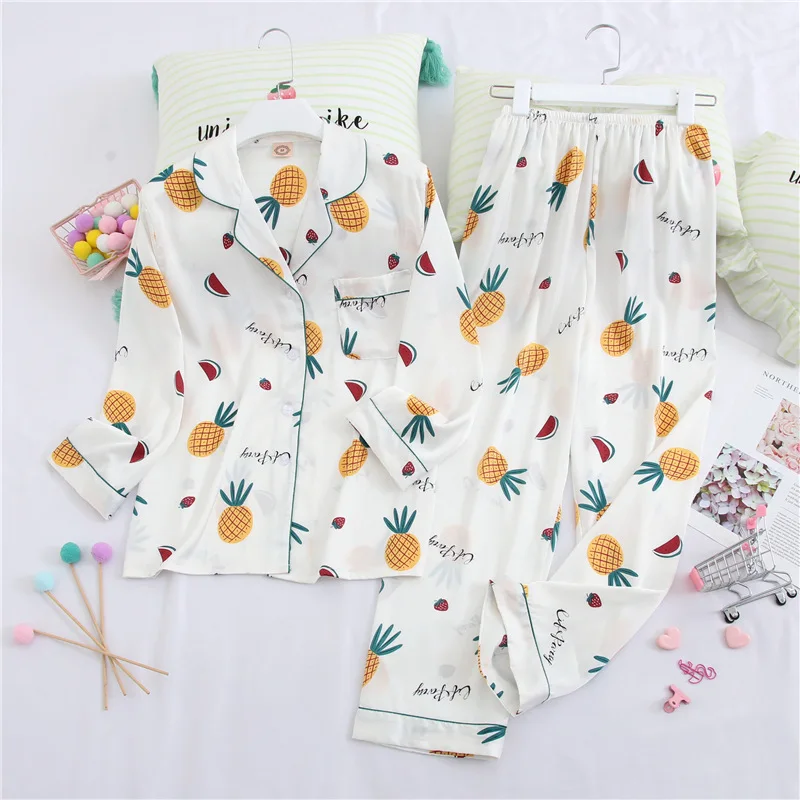 Создание 101 шелковые пижамы для женщин милый фруктовый принт с длинными рукавами