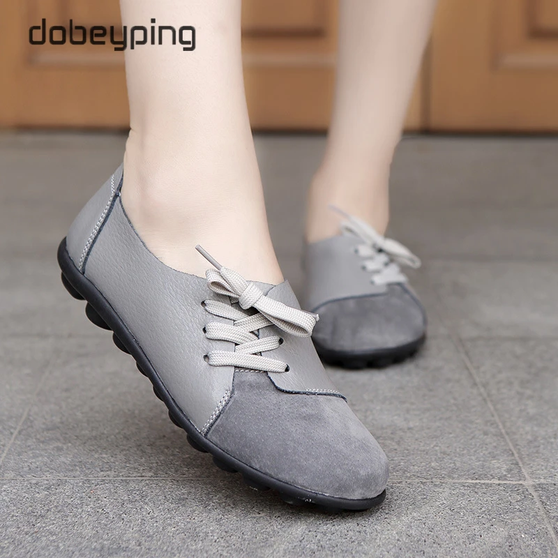 dobeyping New Genuine Leather Women Flats Spring Autumn Woman Shoes Lace Up Women's Loafers Solid Female Casual Shoe Size 35-44