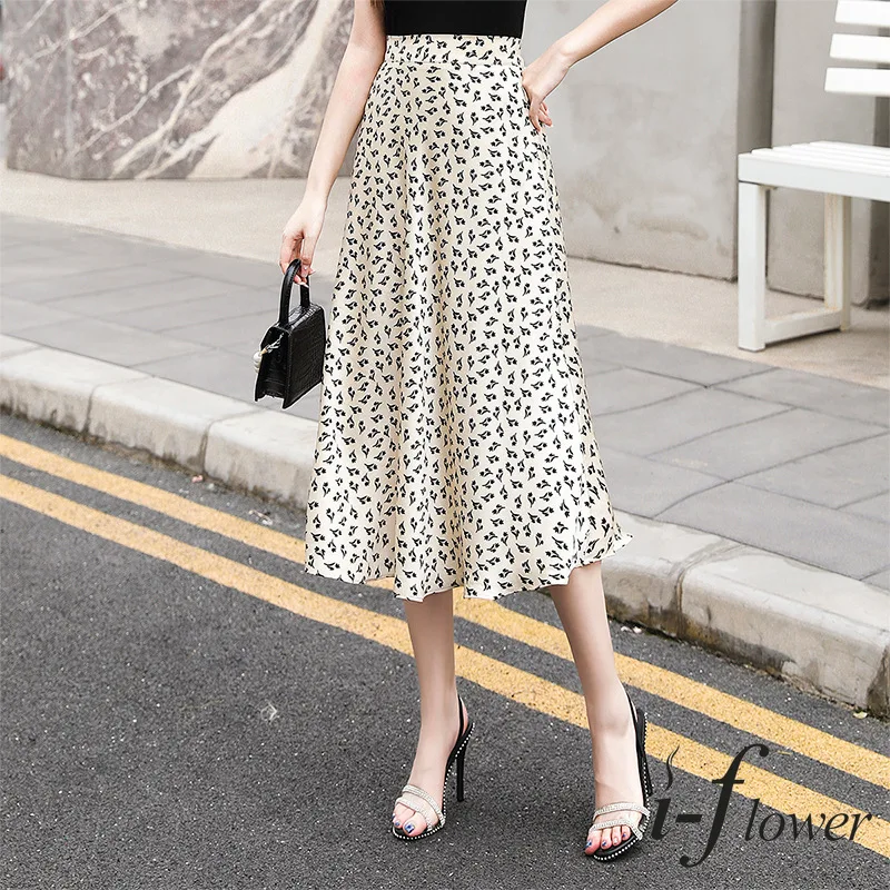 

2021 Elegant Fashion Summer Long Skirt A-line Office Lady Elastic High-Waist Smooth Satin Skirts Floral Print Umbrella Skirt