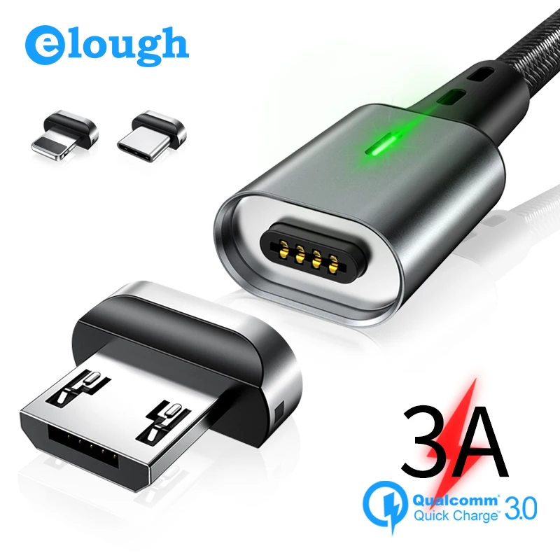 Elough 3 в 1 usb кабель магнитный для iPhone XS Samsung Xiaomi Type C Micro Магнитный зарядный 3A