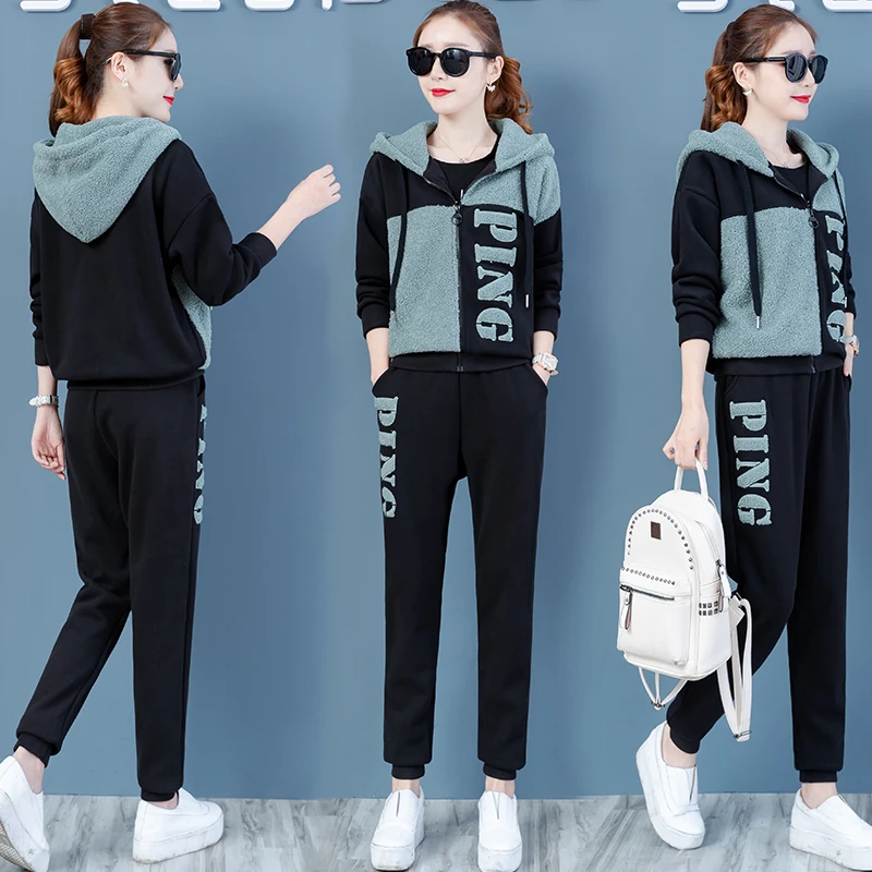 

Lambs wool leisure suit new big yards loose warm velvet hoodies pants hoody top trousers fleece two-piece outfit casual suit