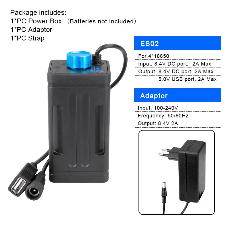EB02 N EU Adaptor Комплект велосипедных ламп Батарея коробка 8,4 V 5V двойной Напряжение Выход для 2/4/6 18650/26650 Батарея W/ремень Дополнительный 100-240V адаптер настрящая огонь - Цвет: EB02 N EU Adaptor
