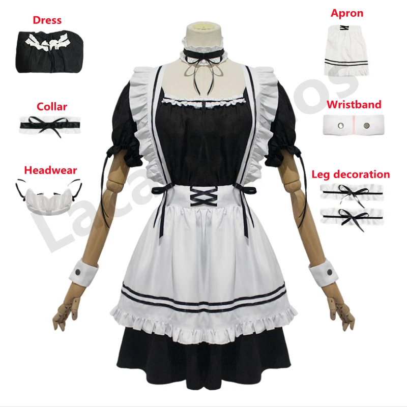 

Women Maid Outfit Anime Long Dress Black and White Dresses Plush Ears Lolita Dress Costume Cosplay Cafe Apron Cosplay Costume