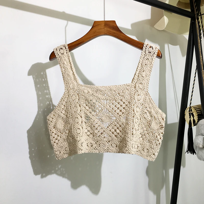 

Ажурные трикотажные женские майки, Новинка лета 2021, однотонные сексуальные короткие женские топы, футболки