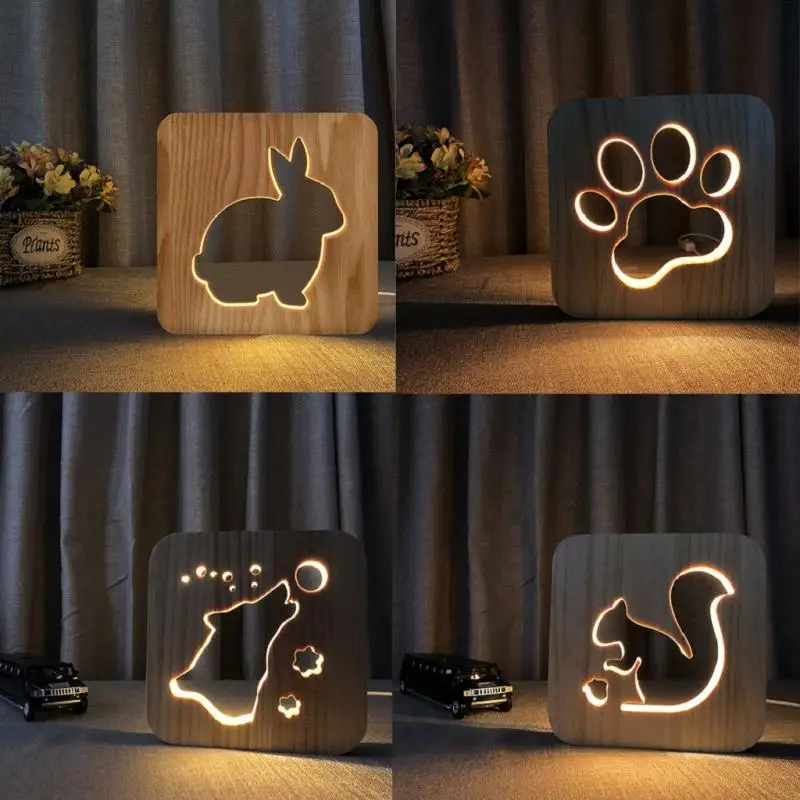 

Christmas New Year Gift 3D LED Creative Wooden Dog Claw Night Light Hollow Table Lamp USB Powered Table Lamp Baby Child