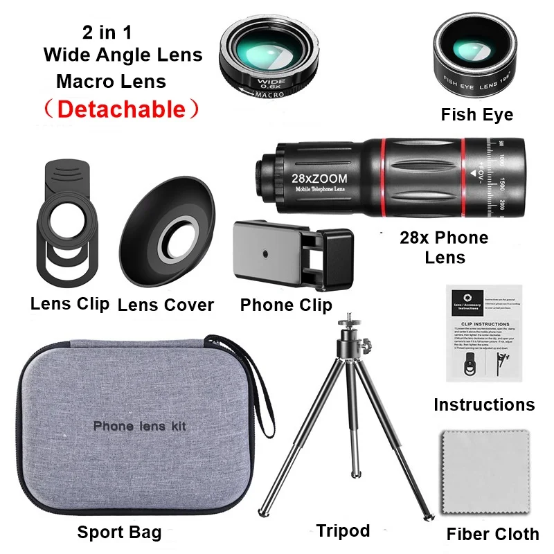 

28X HD Mobile Phone Camera Lens Telescope Zoom Macro Lens for Iphone Samsung Smartphone Fish Eye Lente Para Celular