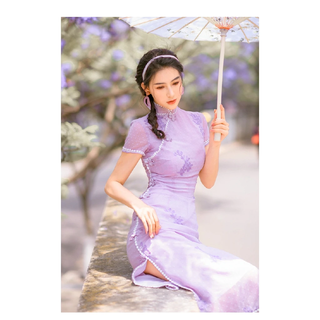 

French Purple Young Cheongsam Cute Sweet Dress Fairy Girl