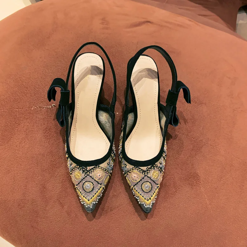 Сандалии женские с острым носком элегантные туфли лодочки вышивка высокий