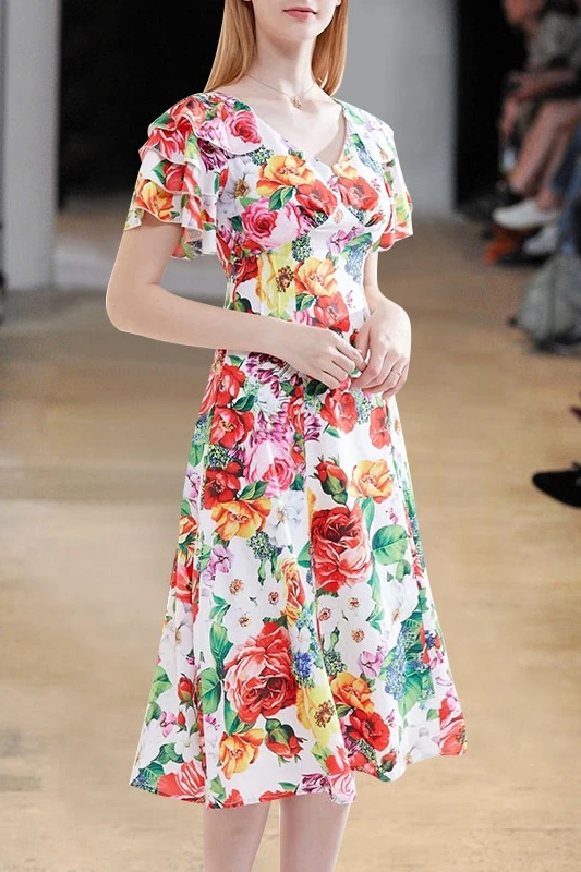 

JCHB 2021 summer new women's V-neck temperament layer upon layer Ruffle sleeve slim Floral Dress