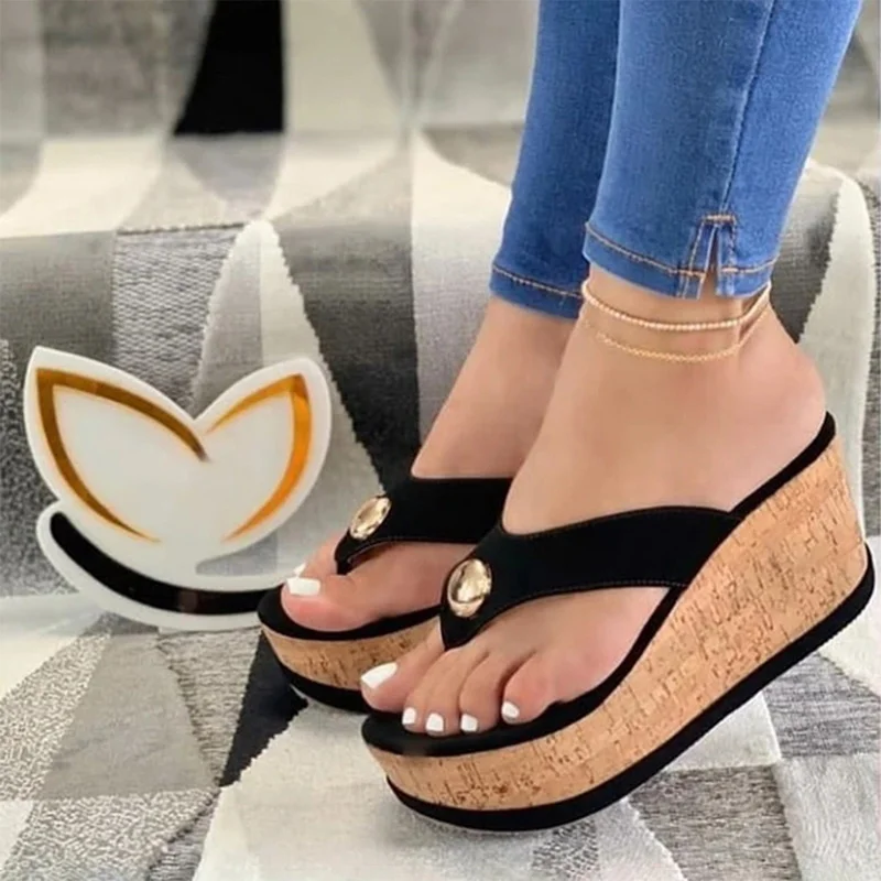 

2021 Summer Women Slipper Buckle Decoration Beach Sandals Female Wedge Shoes Lady Bath Home Outdoor Slippers Fashion Flip-flops