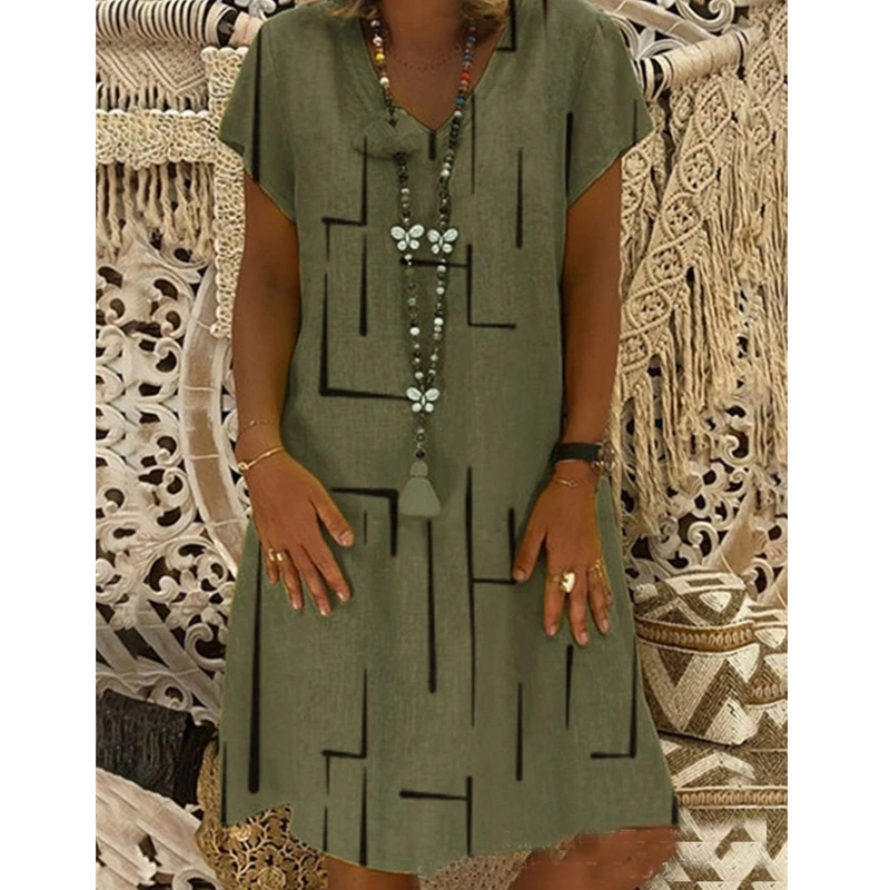 

Wepbel Casual Loose Summer Dress Plus Size Women Dress Beach Style Short Sleeve Printed V-neck Women Clothing S-5XL