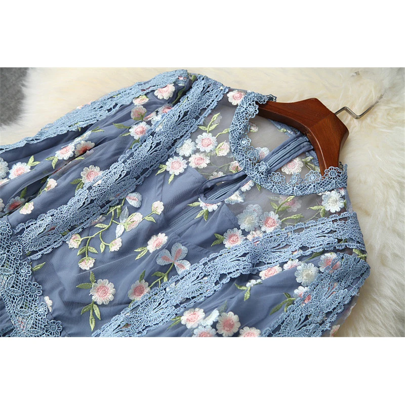 Женские Элегантные Роскошные цветочной вышивкой голубое платье с оборками осень