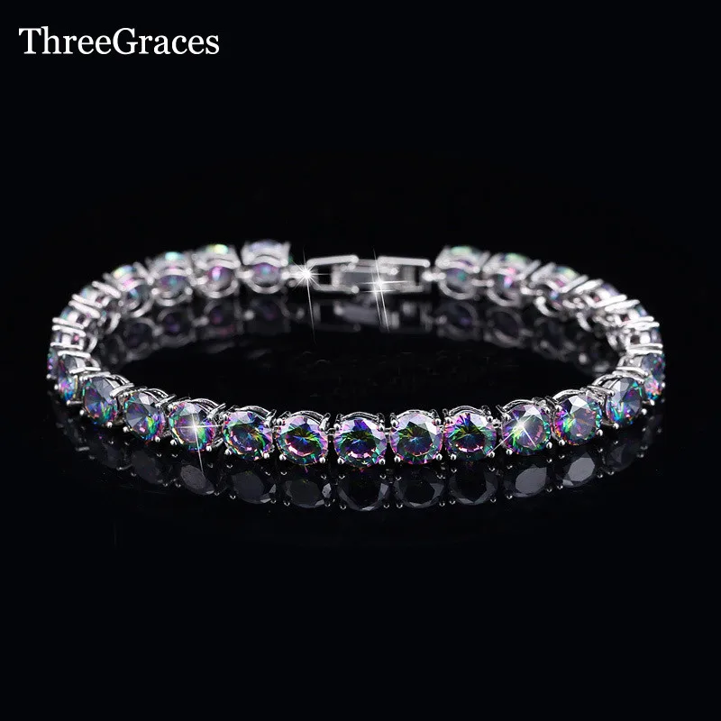 

ThreeGraces Luxury White Gold Color 6mm Round Shape Fire Mystic Rainbow Cubic Zirconia Bracelets Jewelry for Women BR027