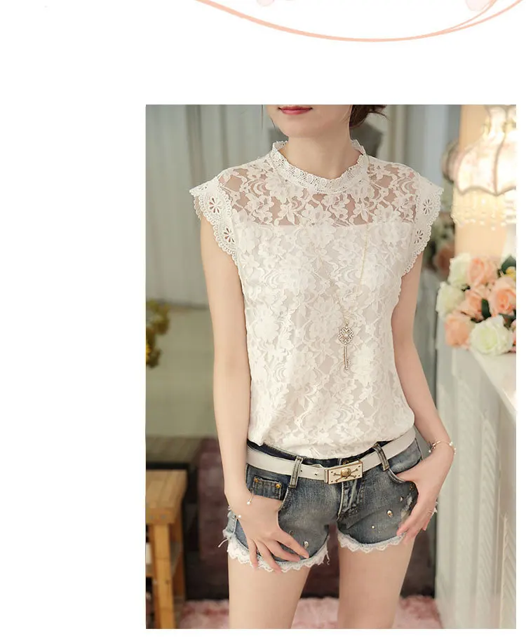 

Women Tops Summer Blouse Gray Lace Shirt Women Plus Size Sleeveless Women Sexy Hollow Lace See-Through Women's Clothing