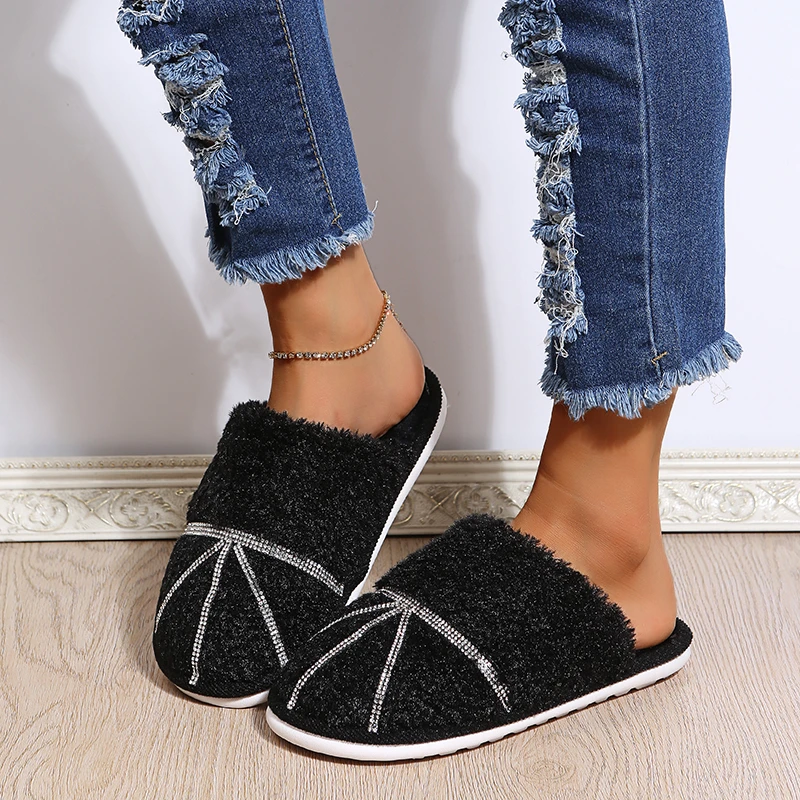 Simple Warm Fuzzy Fur Slippers Women Outdoor Winter Lovely Floor Home Indoor Shoes Korean Style Plush Flip Flops With Crystal