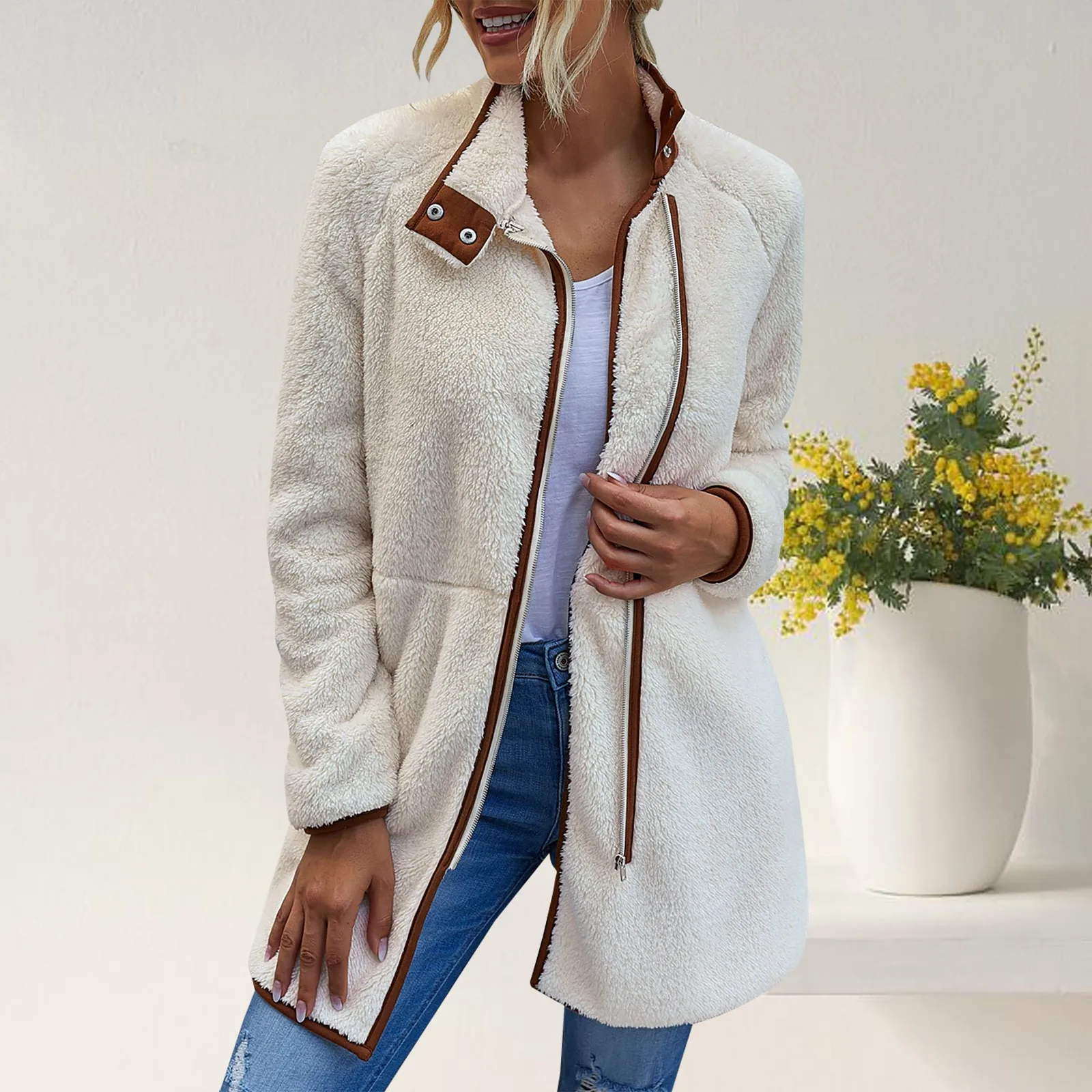 

2020 Fashion Women Solid Colors Long-Sleeved Turndown Collar Winter Warm Zipper Pocket Plush Jacket Teddy Wool Coat Outwear#g3