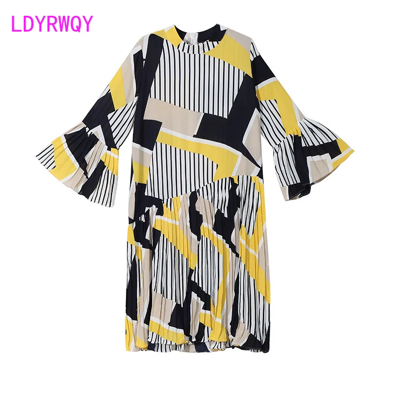 

Pleated dress new Korean women's sleeve stand collar floral dress Office Lady Knee-Length V-Neck Print