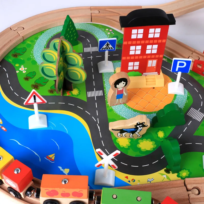 88pcs Montessori Wooden small train track set magnetic electric car head 3-7 years old boy building blocks children's toys