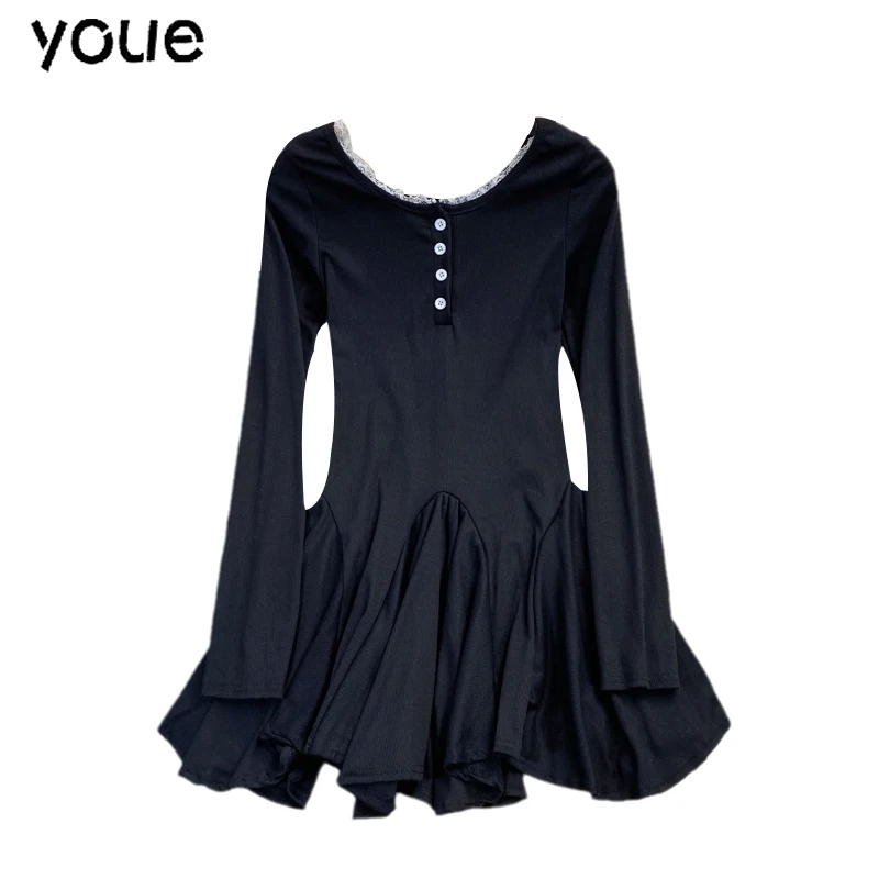 

Осеннее винтажное черное/серое кружевное лоскутное мини-платье с оборками, женское милое праздничное облегающее платье с длинным рукавом и...