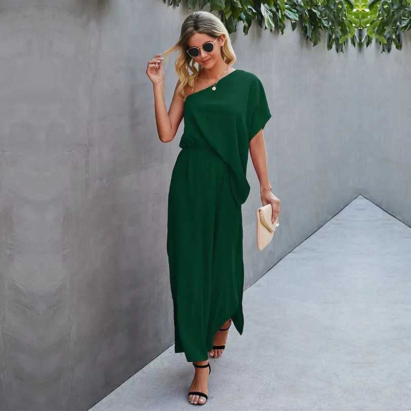 

Women Casual Side Split Solid Color Ladies Temperament Party Maxi Dresses 2021 New Spring Summer Diagonal Collar Long Dress