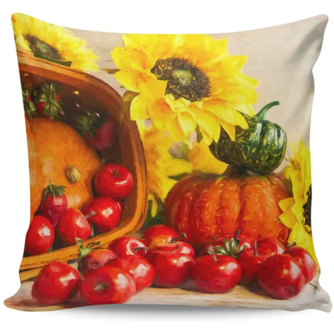 

Throw Pillow Case Square Satin Cushion Cover, Pumpkin Sunflower Tomato Crop Autumn Oil Painting Pillowcase for Sofa Couch Living