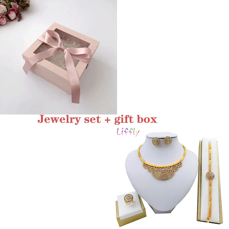 Jewelry Sets and box Liffly, модная Цветочная бижутерия, наборы, Дубай, очаровательные, свадебные, вечерние ювелирные изделия, кристалл, ожерелье, серьги, кольцо, браслет для женщин - Окраска металла: Jewelry Sets and box
