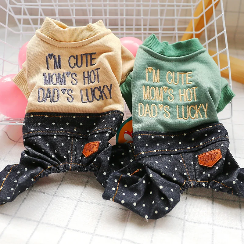 Одежда для милых собак джинсовые штаны осенне зимний комбинезон зеленая