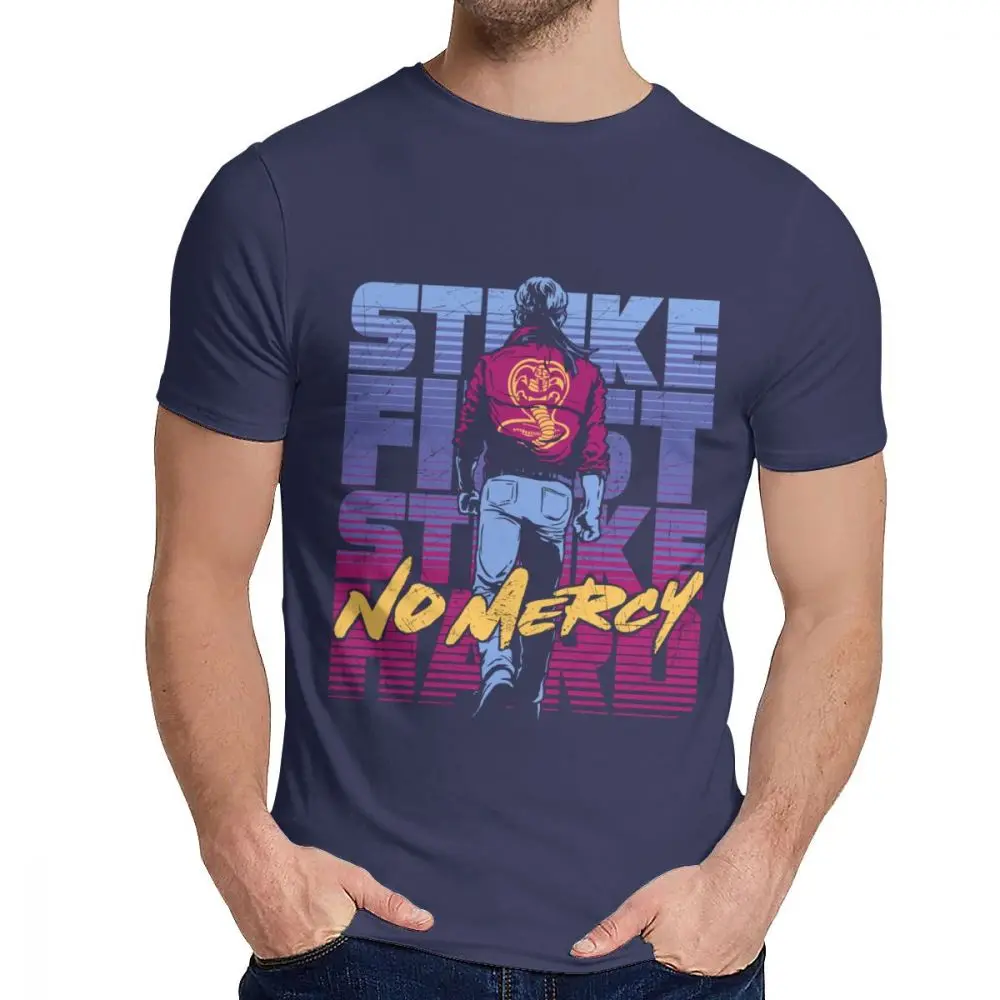 Awesome Cobra Kai футболка Классическая Цитата Strike First Strike жесткая футболка Mercy хип хоп для мужчин - Цвет: Тёмно-синий