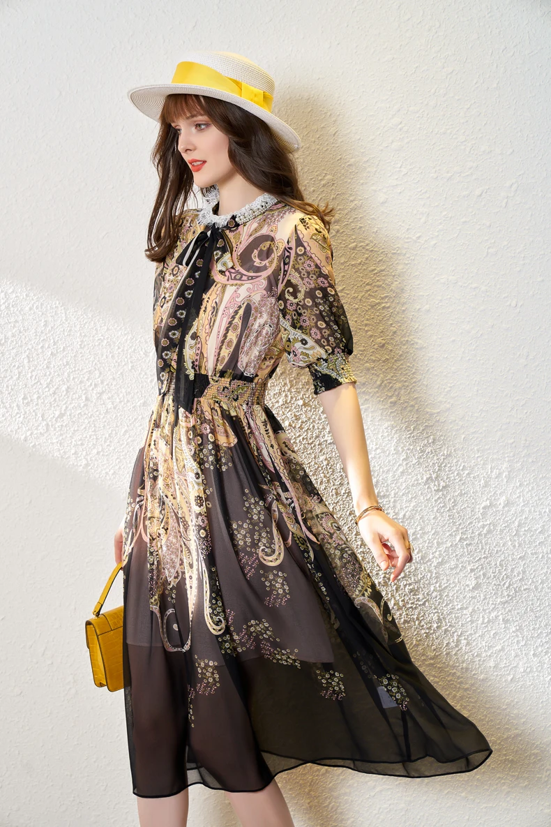 

Women's Runway Designer Dresses Stand Collar Long Sleeves Lace Patchwork Printed Fashion Mid Calf Casual Dresses