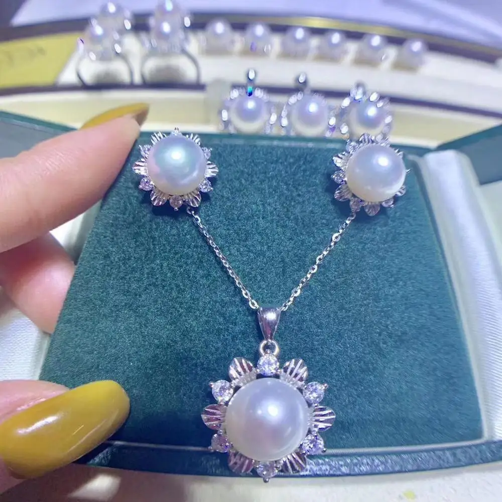

925 Sterling Silver Pearl Party Pendant Earrings Set Mounts Findings Flower Jewelry Set Parts Fittings Women's Accessories
