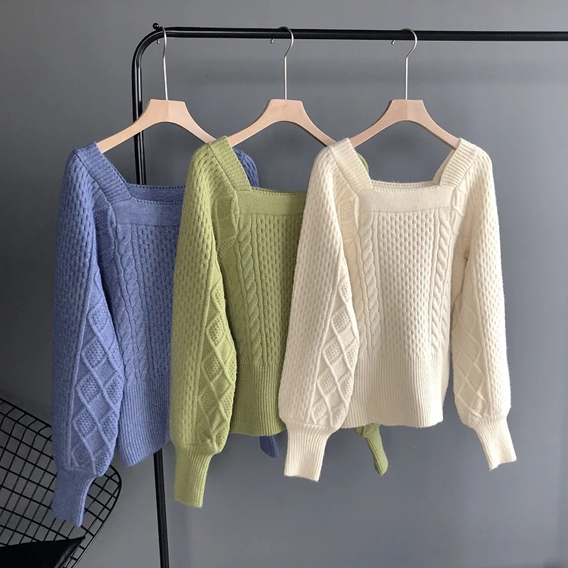 

Knitted 2023 And Spring Pullovers Square Collar Long Sleeve Vintage Women Sweater Tricot Pull Femme