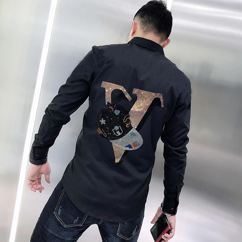 Classic Rhinestone New Hot Diamond Letter Spring Men's T-Shirt Long-Sleeved Style Youth Slim Tops