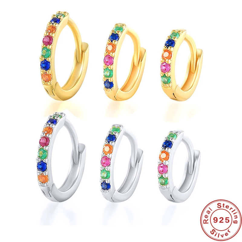 

925 Sterling Silver Rainbow CZ Zircon Hoop Earrings for Women Trendy Gold&Silver Color Tiny Huggie Earring Piercing Jewelry Gift