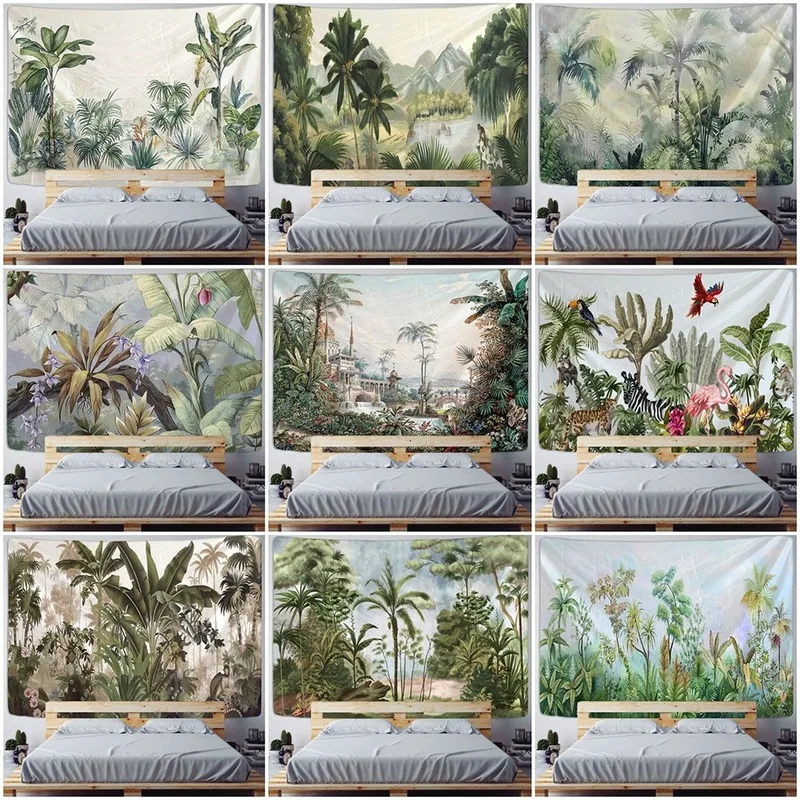 

Palm Tree Tapestry Wall Hanging Tropical Leaves Flowers Pattern Beach Wall Tapestry Animal Backdrop Wall Cloth Carpet Tapestries