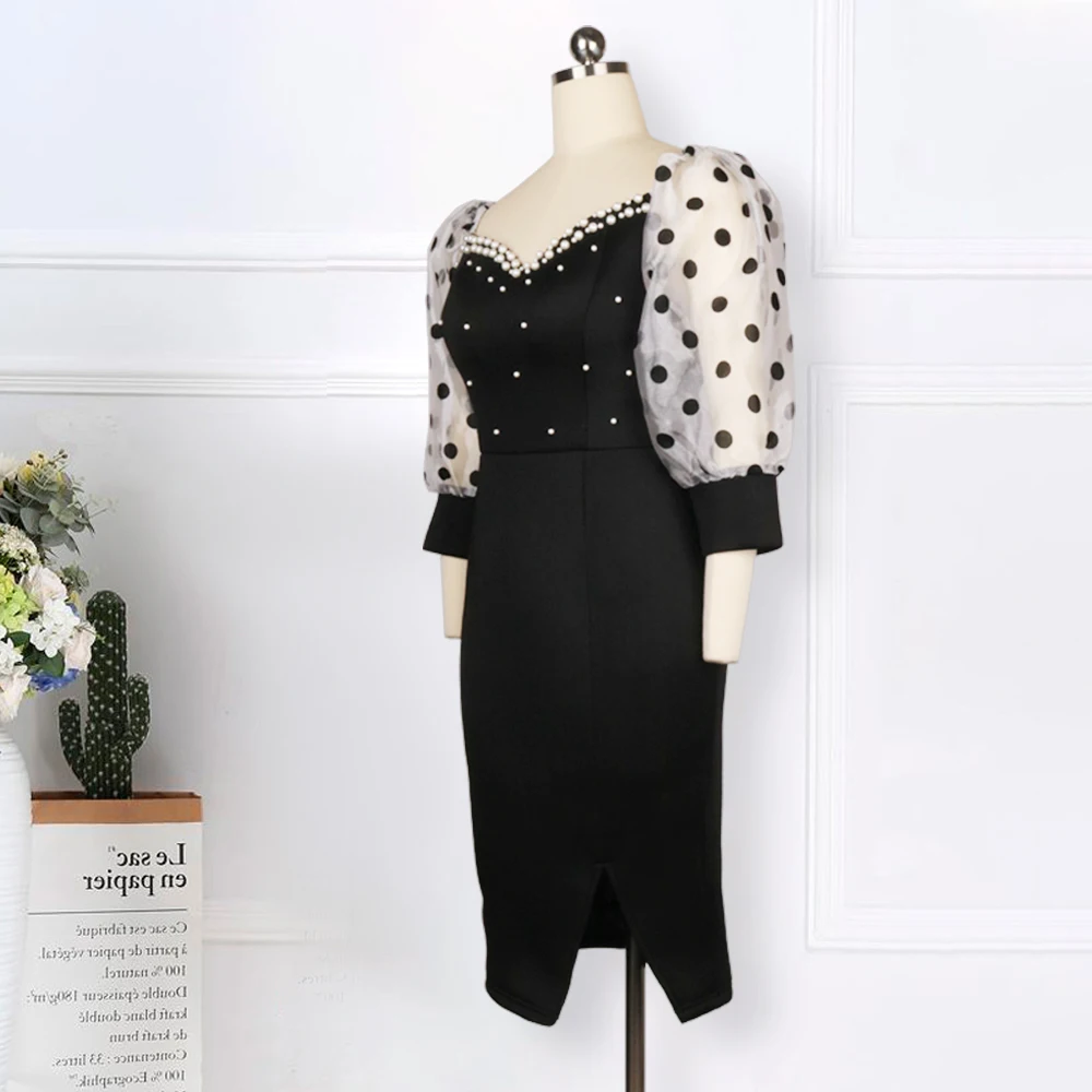 

Fashion Women Sexy Black Dress Off Shoulder Mesh Sleeves Patchwork Beading Party Bodycon Dresses Evening Gown with Polka Dot