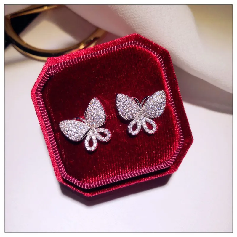 S925 Sterling Silver Needles Fine Jewelry Stud Earrings For Women Butterfly Cubic Zirconia Elegant Temperament Fine Jewelry