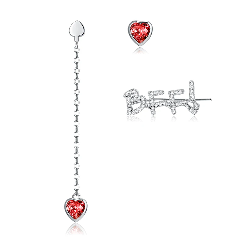 

ZEMIOR 925 Sterling Silver Asymmetry Letter Heart Earrings Stud Red Austria Crystal Drop Earrings For Women Fine Jewelry Best