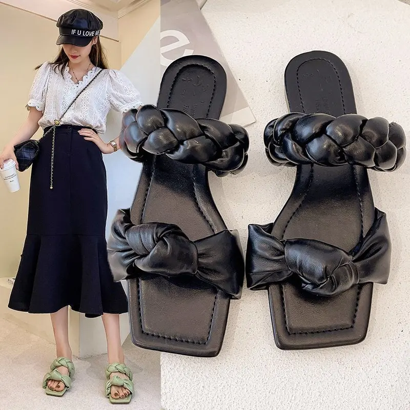 

Solid Leather Wave Slippers Women Shoes Woman New Summer Mules Casual Shoes Thick Low Heels Sexy Ladies Shoes Slides Plus Size