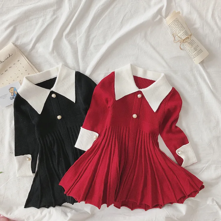 Осеннее трикотажное плиссированное платье с длинными рукавами для девочек