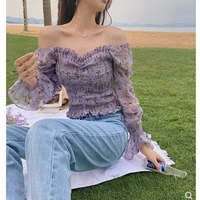 women floral pattern sweet purple chiffon tops female 2021 summer new cottagecore bubble sleeve tops harajuku mujer camisetas