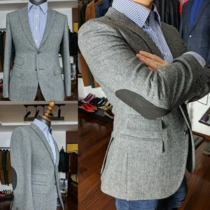 Imported 2022 Vintage Herringbone Tailored Man Jacket Gray Tweed Blazer For Men Patchwork Hombre Slim Fit Cus