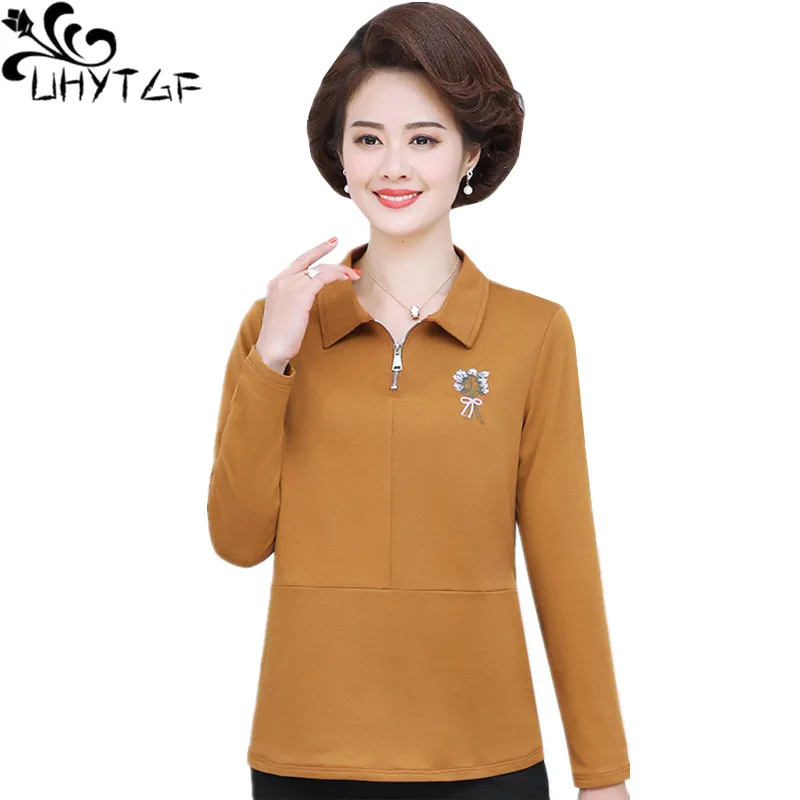 

UHYTGF футболки для женщин Чистый цвет дикий элегантный мама весна футболка Мода отворот свободный короткий топ женский 5XL плюс Размер рубашка...