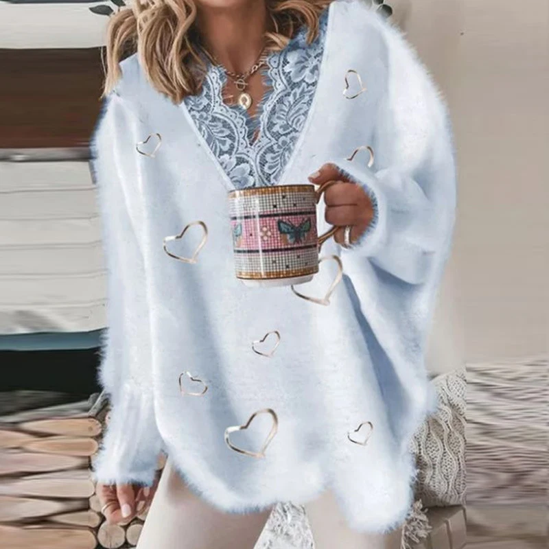 

New Women Elegant Sexy V Neck Lace Patchwork Sweaters Autumn Lady Casual Loose Tops Pullover Spring Fashion Long Sleeve Sweaters
