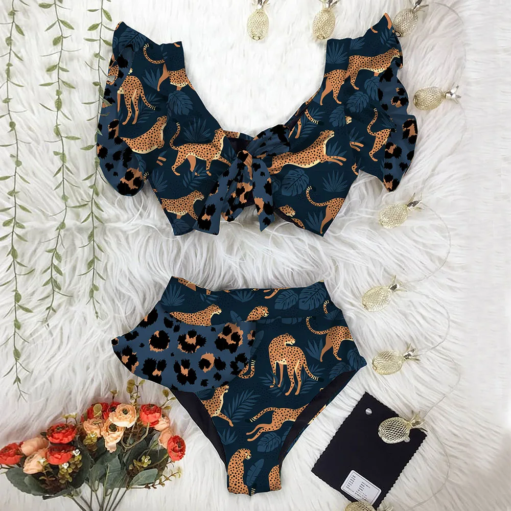 

Sexy High Waist Bikinis 2021 New Print Swimwear Women Swimsuit Shoulder Ruffle Bathing Suits Beach Wear Push Up Biquini Female