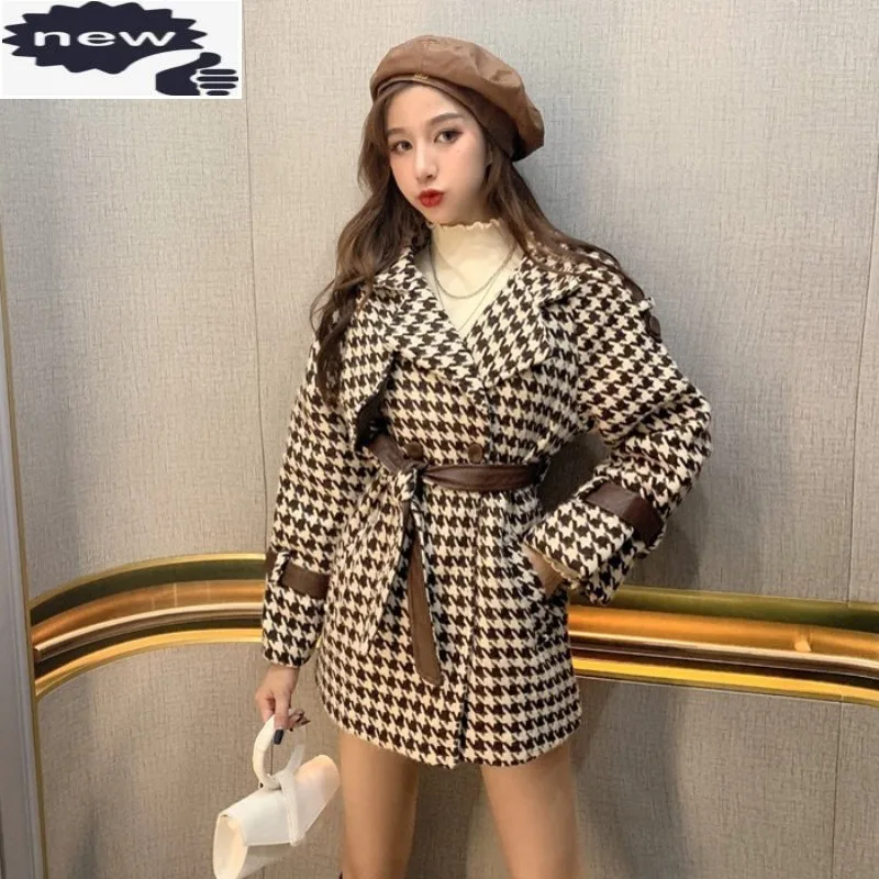 Elegant Wool Women Streetwear Slim Adjustable Long Sleeve Outerwear Autumn Winter Plaid High Waist Office Lady Coat