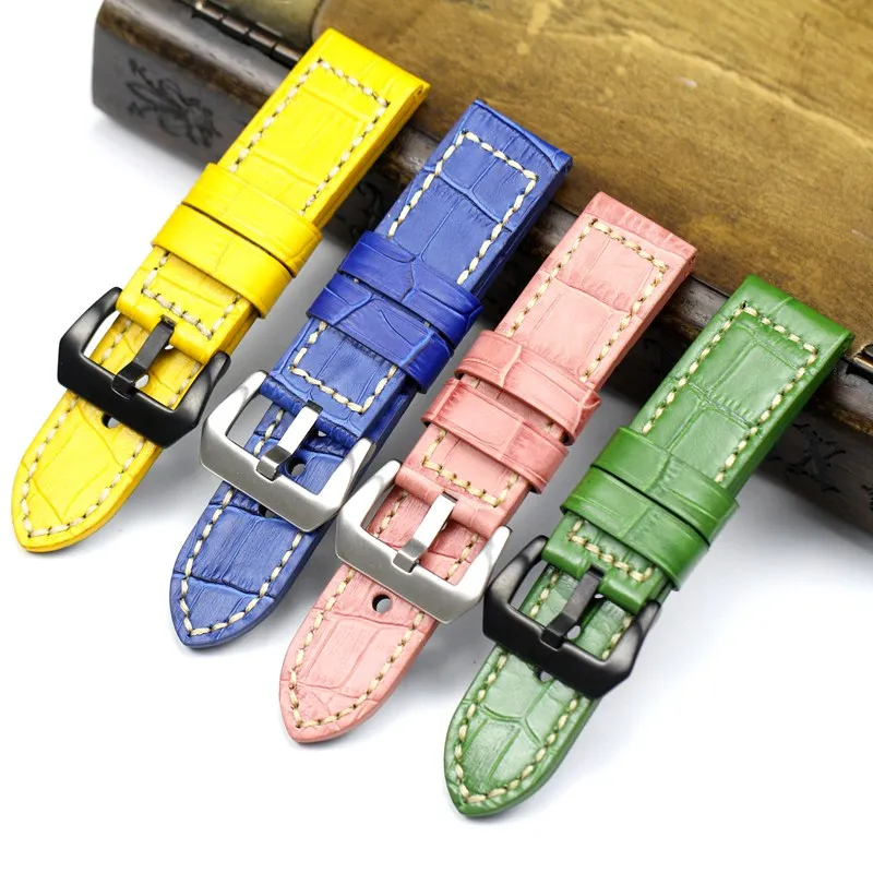 

Handmade Personality 24mm Pink Green Blue Yellow Thick Genuine Leather Watchband Wristband For PAM Big Pilot Watch Strap Belt