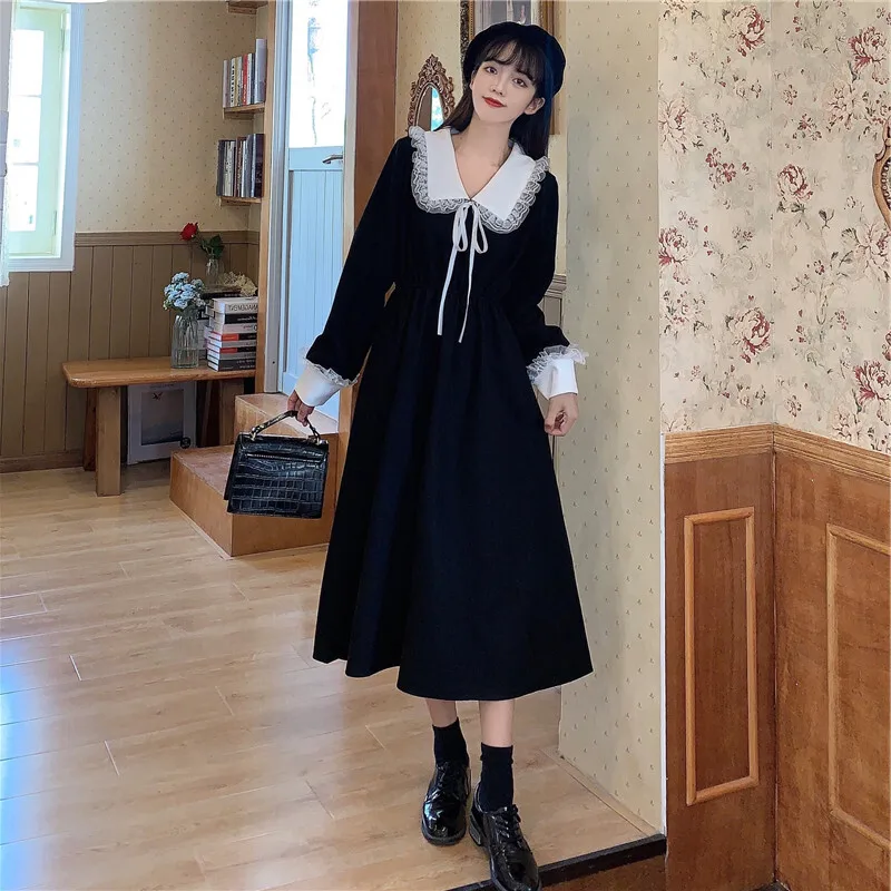 

Женское винтажное платье с кружевным воротником, элегантное цельное платье со шнуровкой и длинным рукавом в Корейском стиле, новинка весны ...